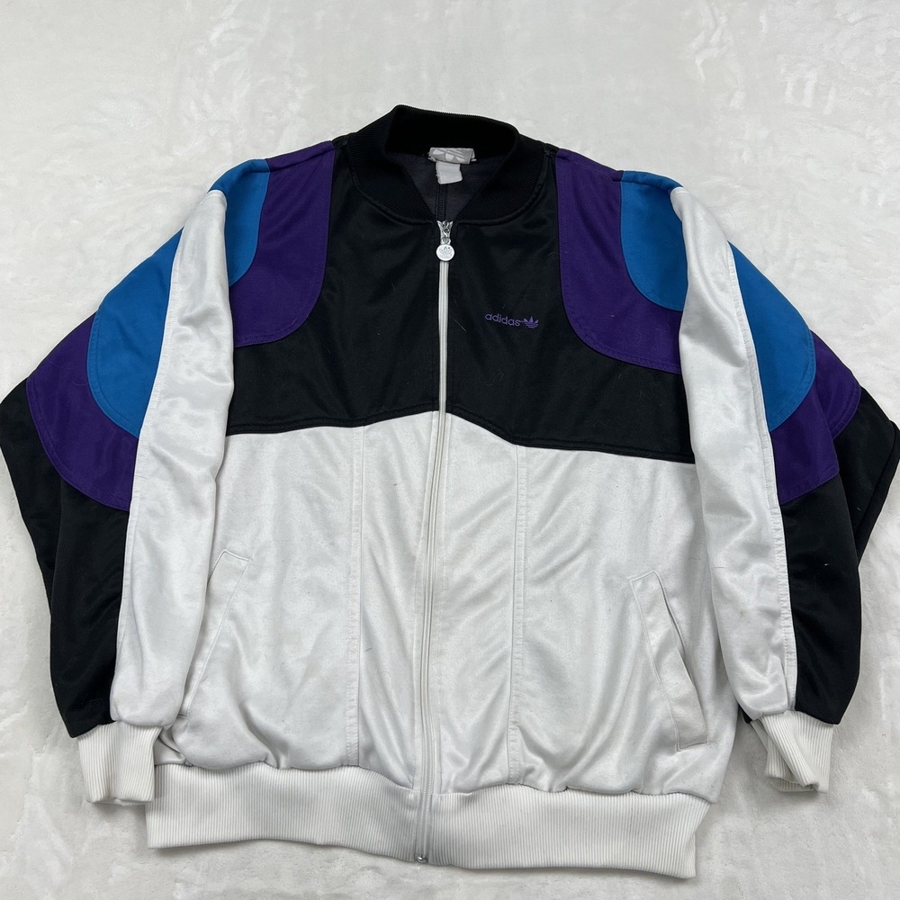 Adidas Track Jacket Mens XL White Colorblock Vintage Trefoil Full Zip Ribbed